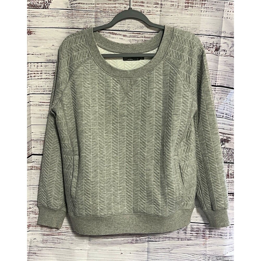 prAna Silverspring Quilted Cable Knit Pullover Sweatshirt Gray Pockets Women's M